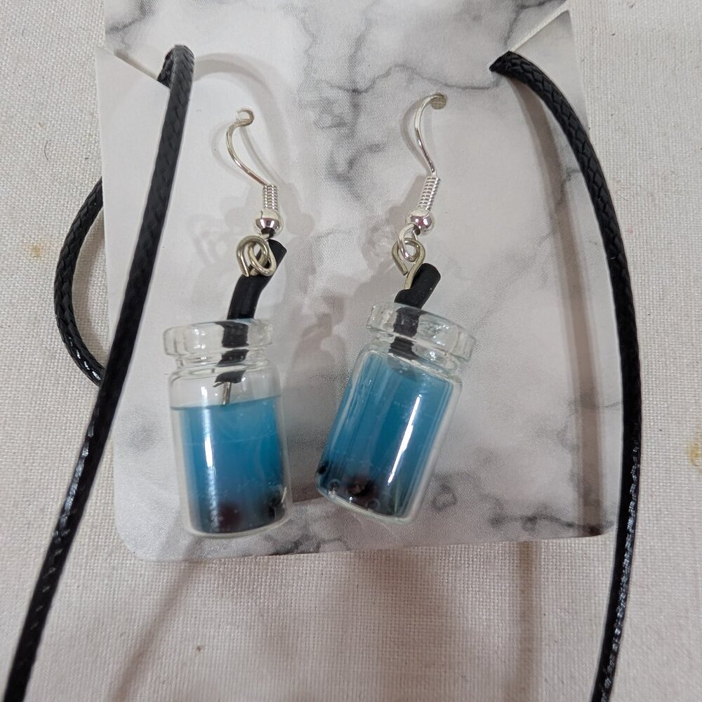 Blue Boba Tea Necklace & Earring Set